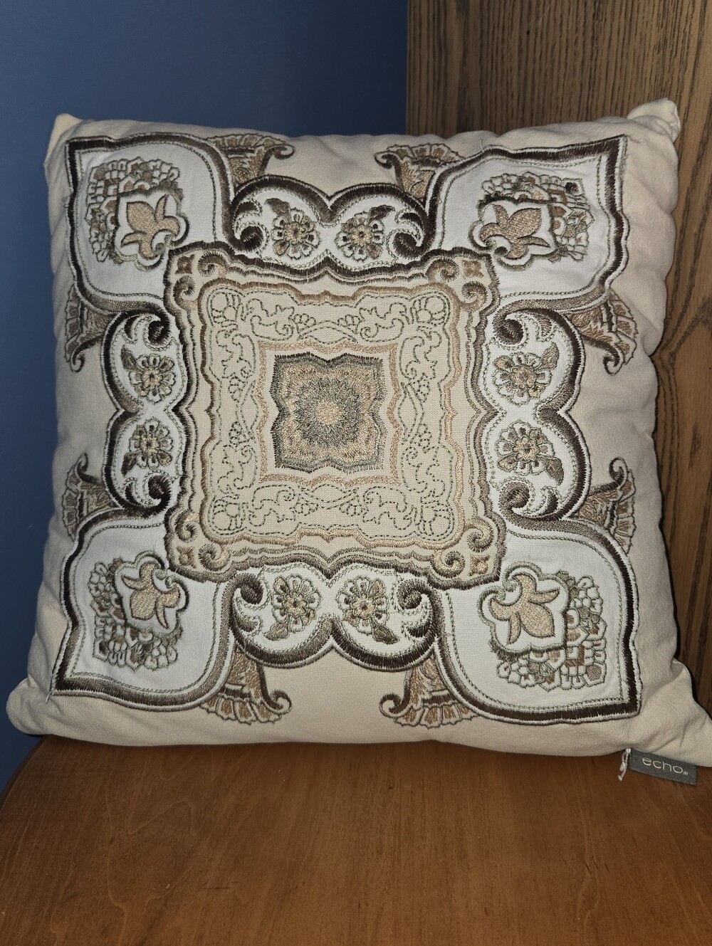 Echo Embroidered Decorative Throw Pillow in Cream and Brown